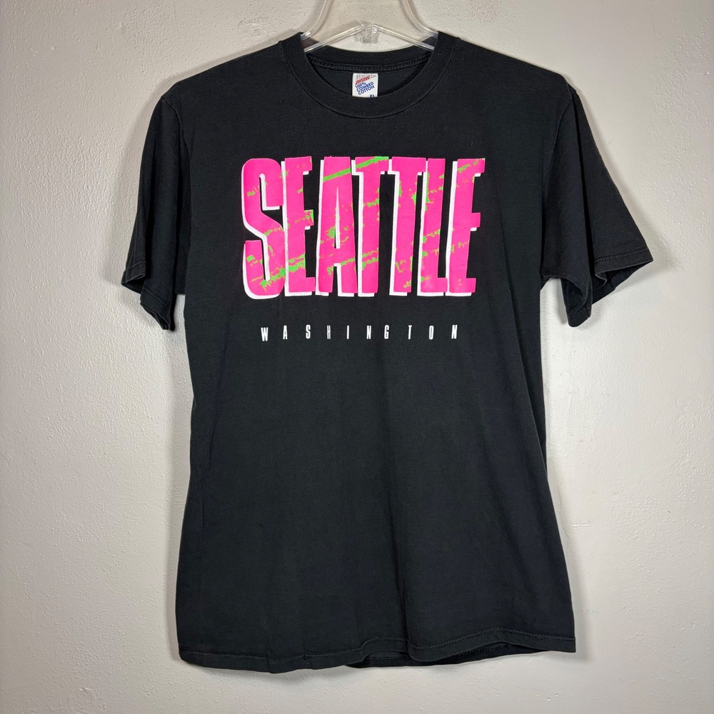 Vintage Jerzees Seattle Washington T Shirt Black Neon Pink Green XL Made in USA
